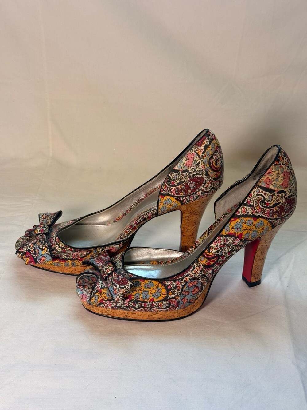 Unlisted Paisley Print Peep Toe Bow Heels Cork Platform Pumps Size 8